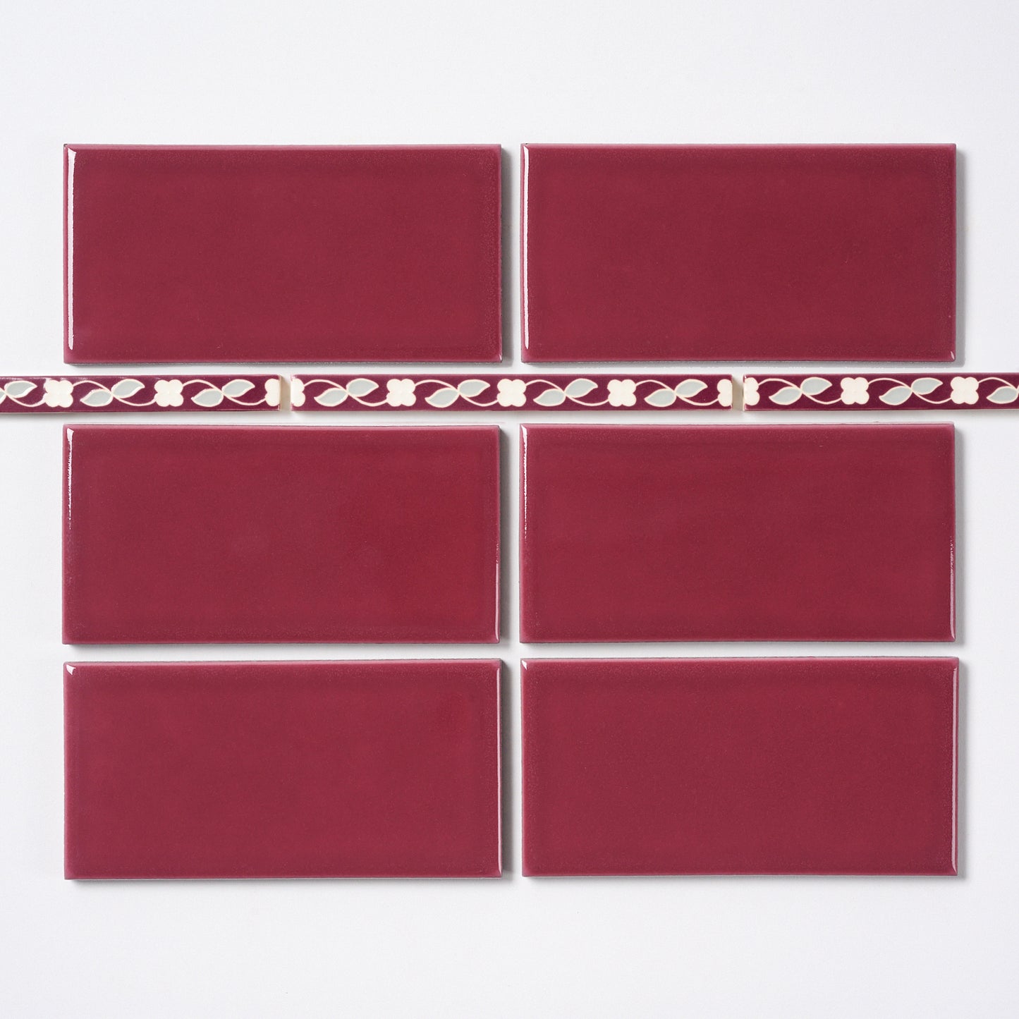 1920s American Encaustic Burgundy & Gray Vine Trim Tile, 71 Pc Set - 35.5 Linear Feet Total