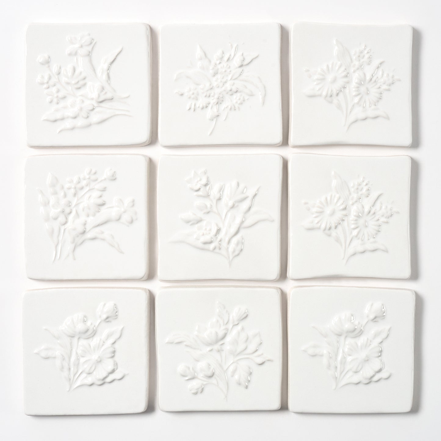 1980s Vintage Italian Raised White Mixed Floral Tile, 32 Sq Ft Available - 16 Sq Ft Per Box