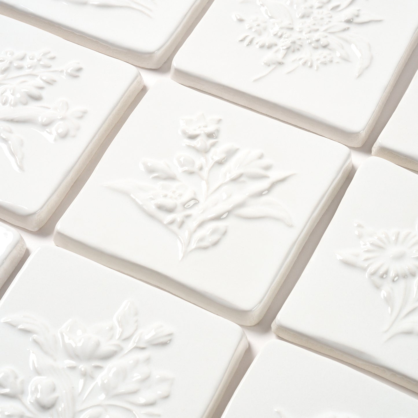 1980s Vintage Italian Raised White Mixed Floral Tile, 32 Sq Ft Available - 16 Sq Ft Per Box