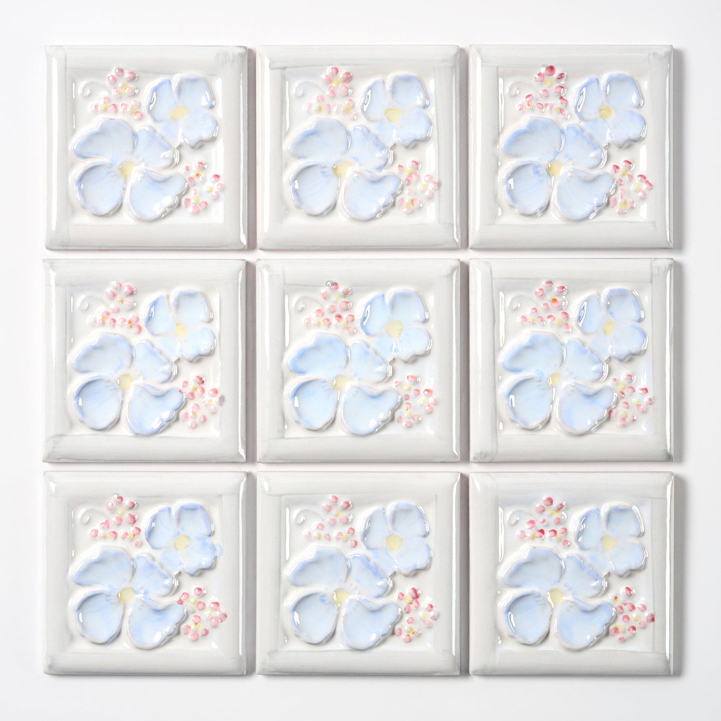 1980s Vintage Italian Blue Raised Pansy Tile, 10.5 Sq Ft Available
