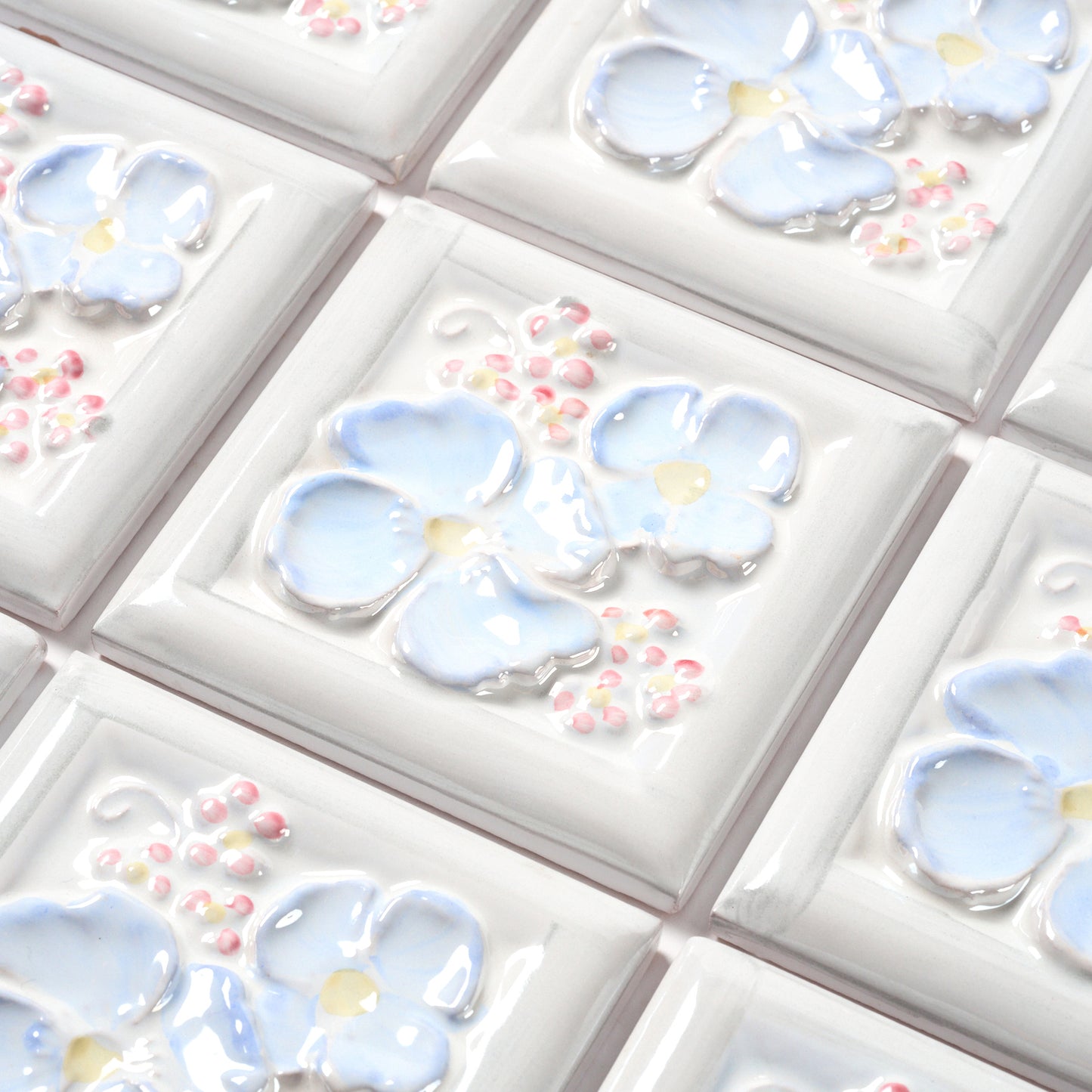 1980s Vintage Italian Blue Raised Pansy Tile, 10.5 Sq Ft Available