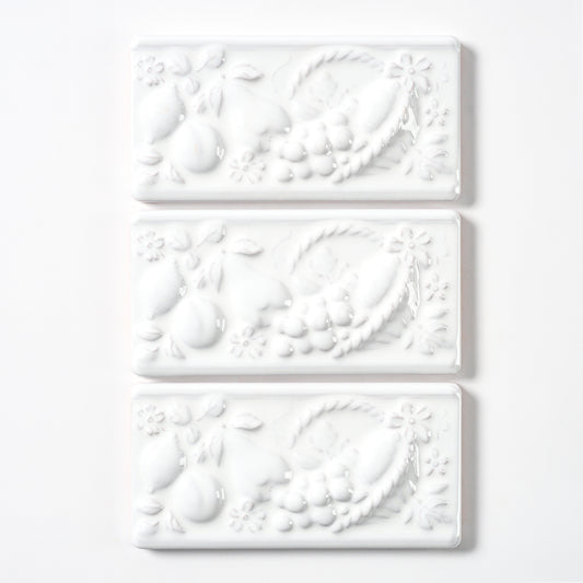 1980s Vintage Italian Raised White Fruit Basket Border Tile, 20 Linear Ft Available
