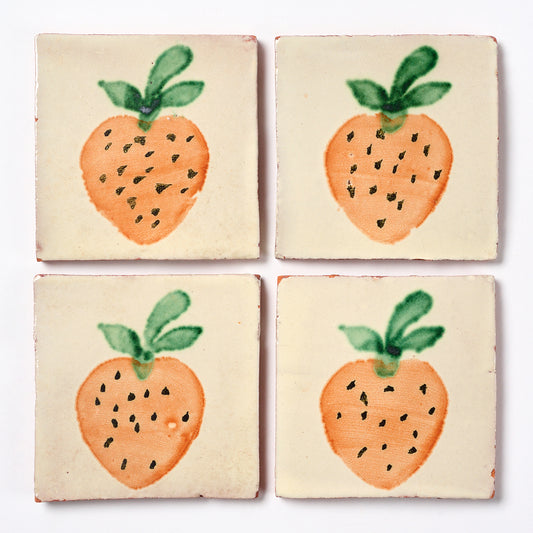 Vintage 1980s Hand Painted Mexican Strawberry Fruit Tiles, 8 Sq Ft Lot - 64 Piece Set