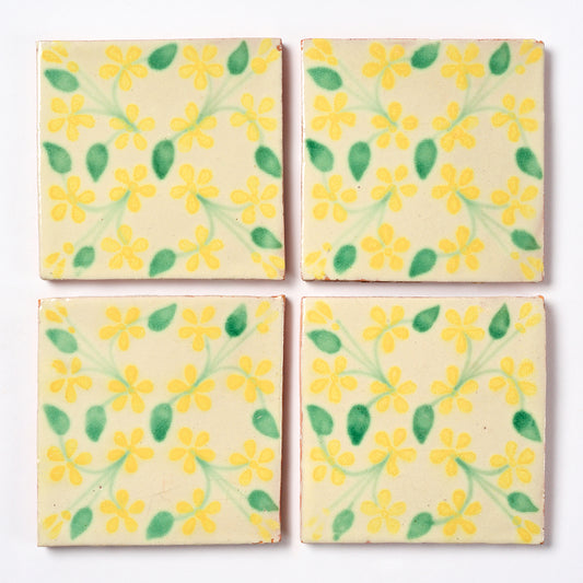 Vintage 1980s Hand Painted Mexican Yellow Floral Tiles, 6 Sq Ft Lot - 48 Piece Set