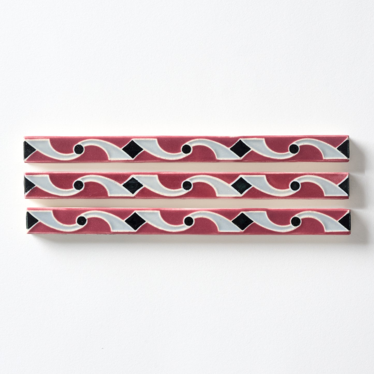 1920s American Encaustic Burgundy, Gray & Black Ribbon Trim Tile