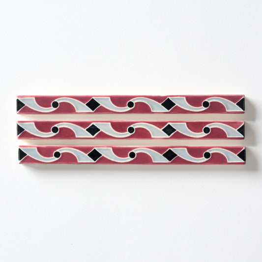 1920s American Encaustic Burgundy, Gray & Black Ribbon Trim Tile