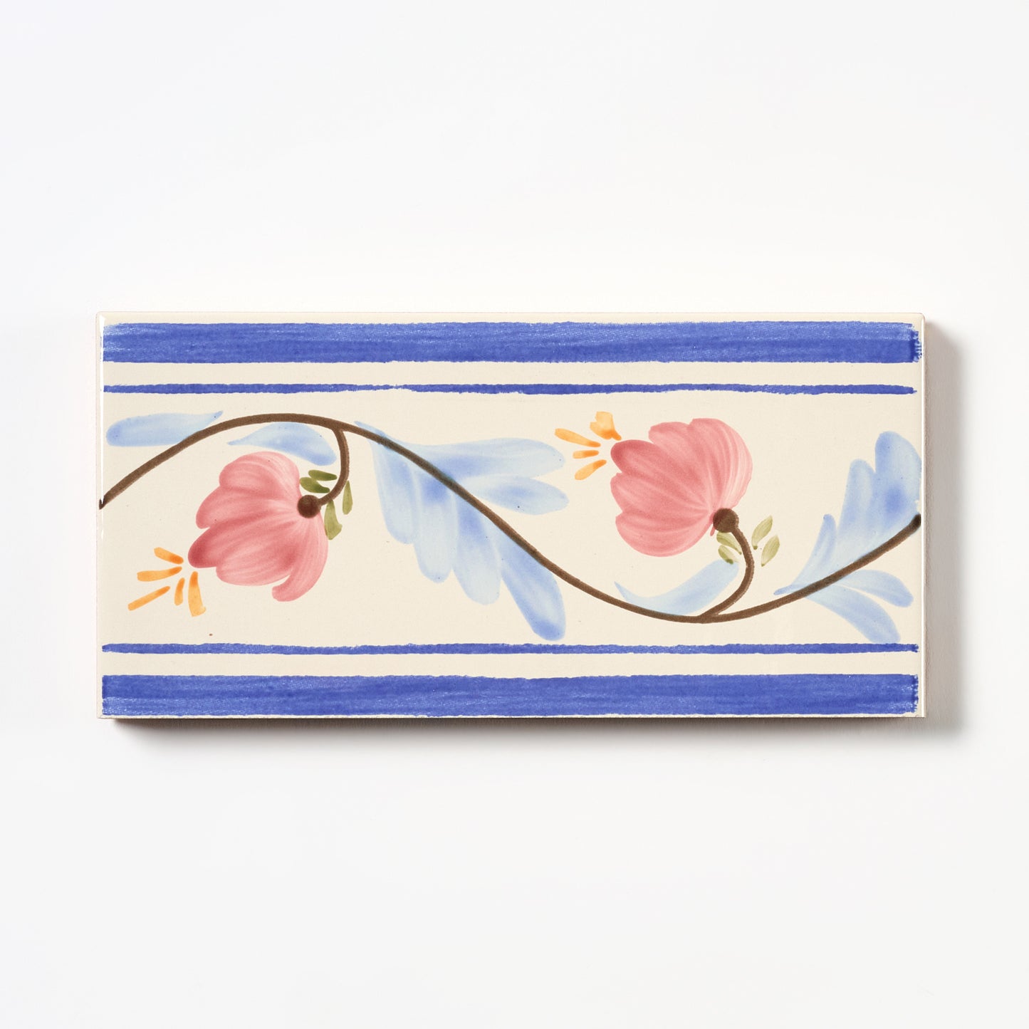 1980s Biscuit Italian Made Blue Stripe Floral Border Wall Tile