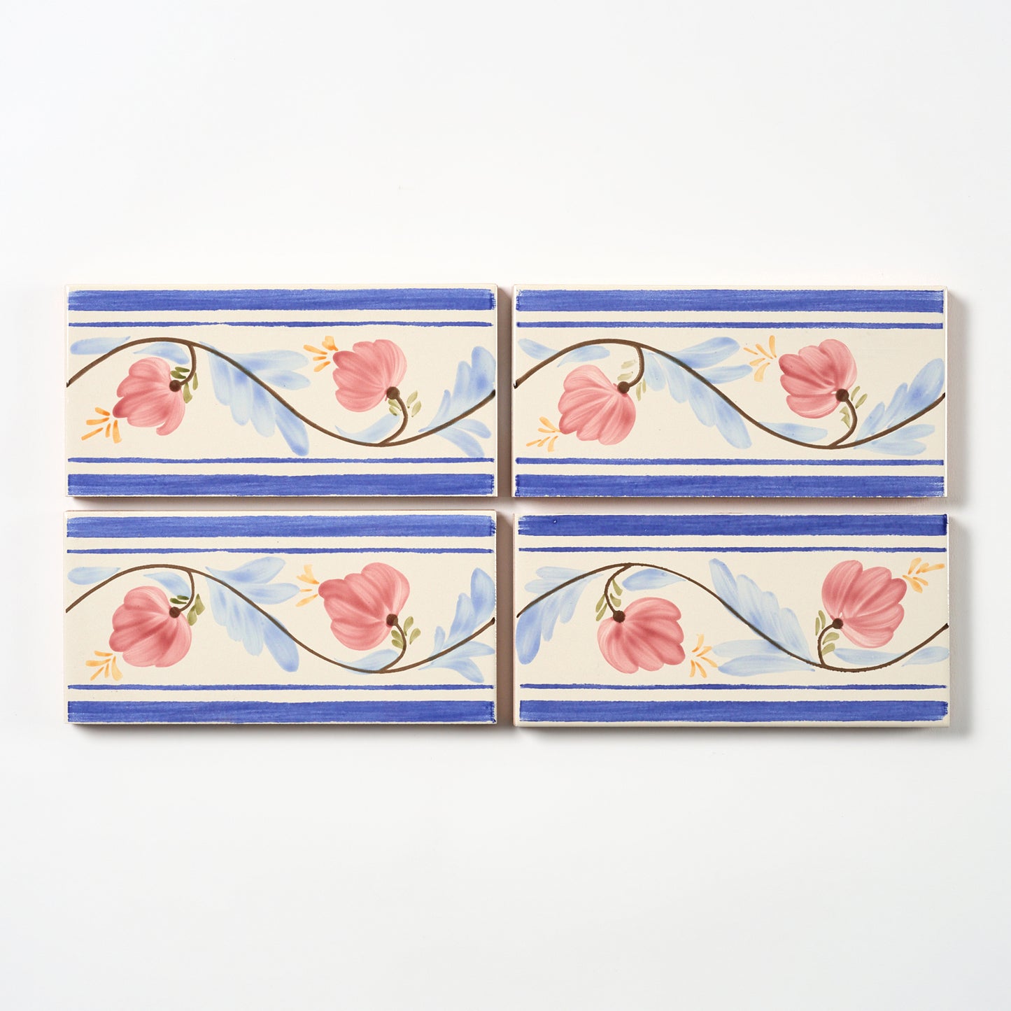 1980s Biscuit Italian Made Blue Stripe Floral Border Wall Tile