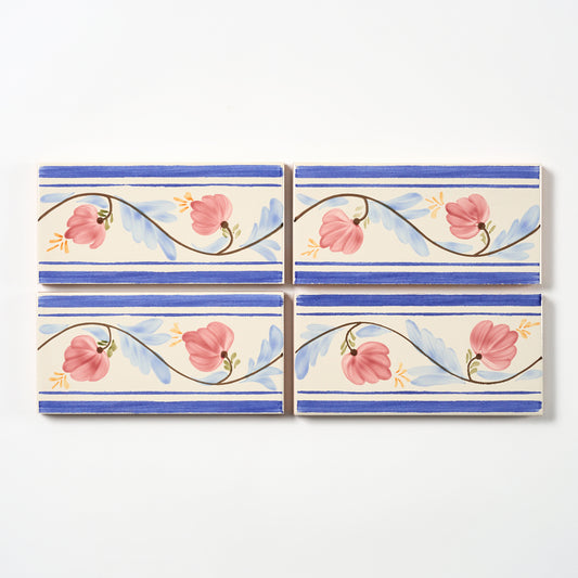 1980s Biscuit Italian Made Blue Stripe Floral Border Wall Tile