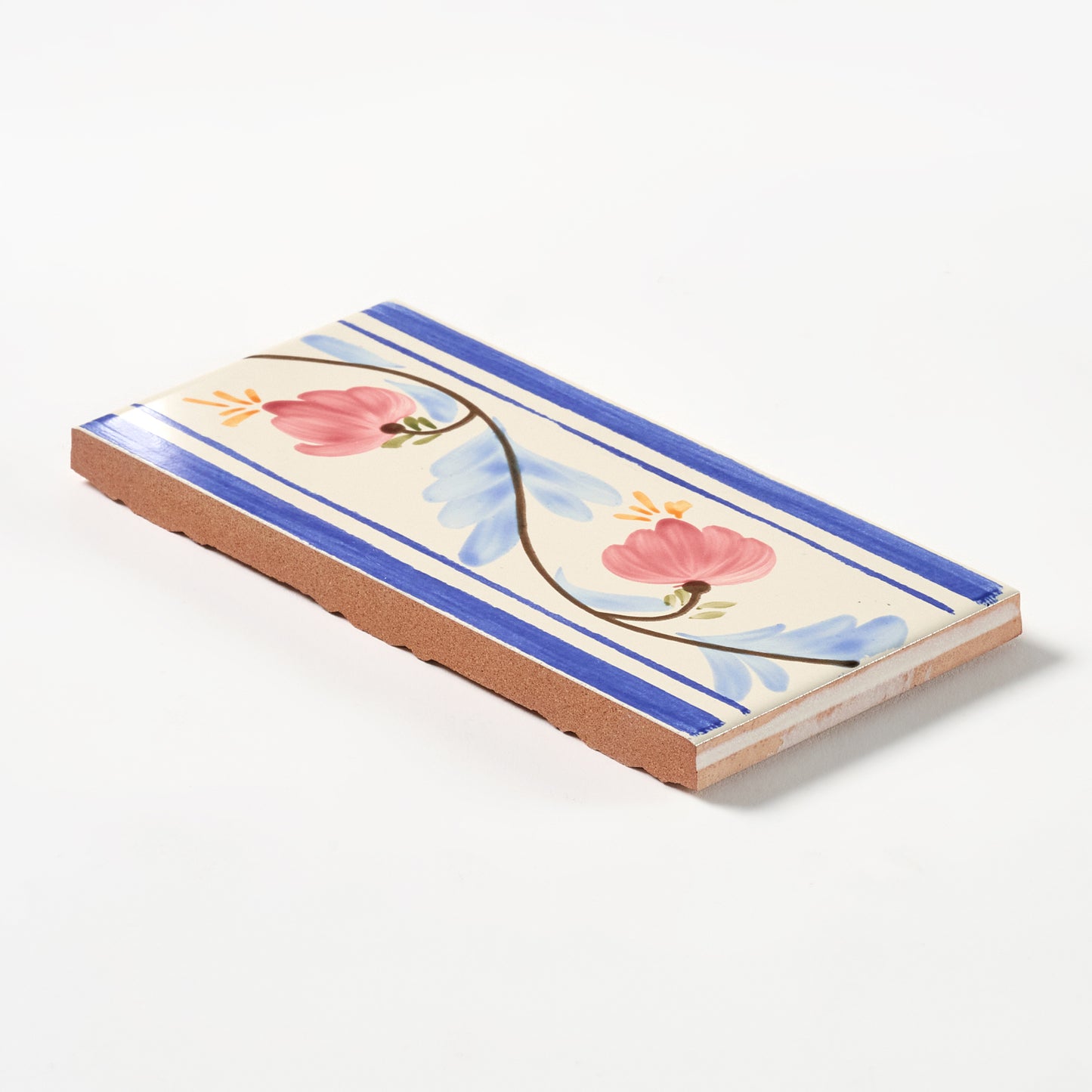 1980s Biscuit Italian Made Blue Stripe Floral Border Wall Tile