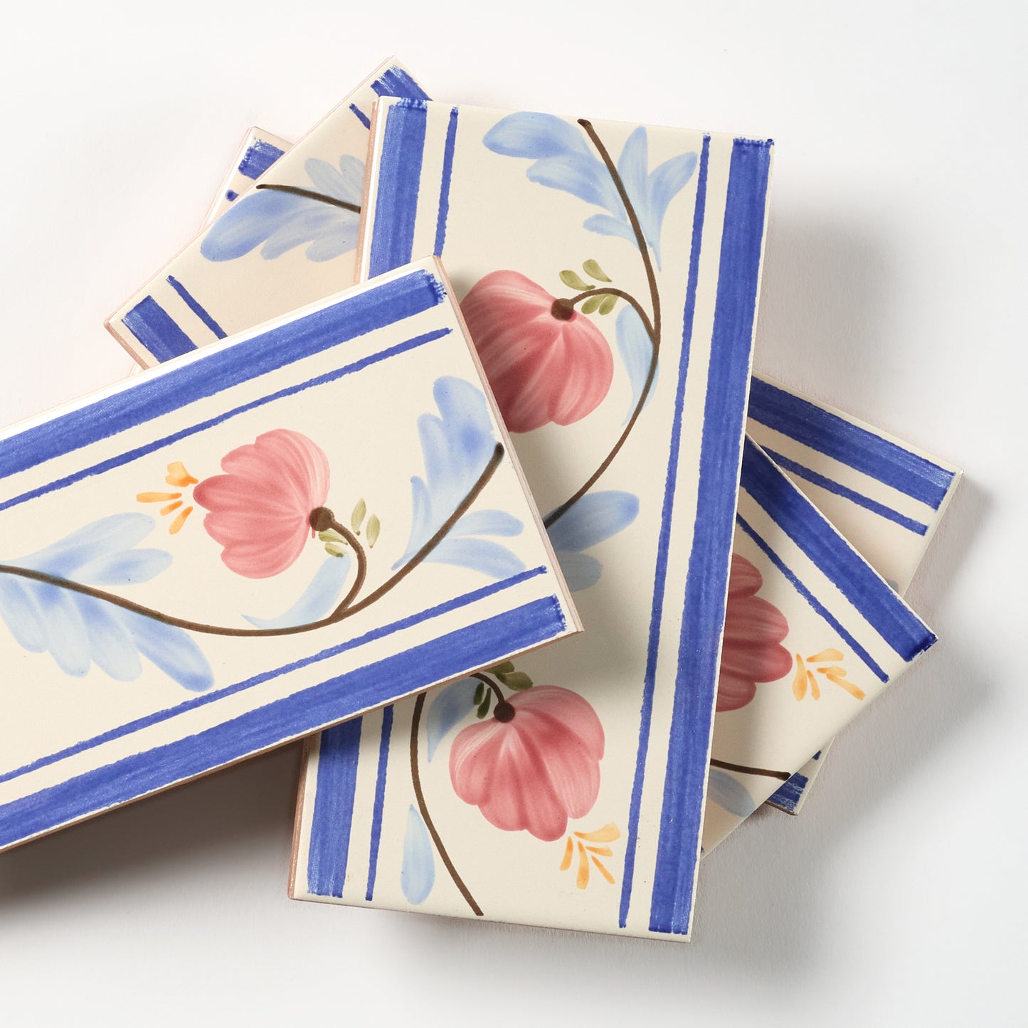 1980s Biscuit Italian Made Blue Stripe Floral Border Wall Tile