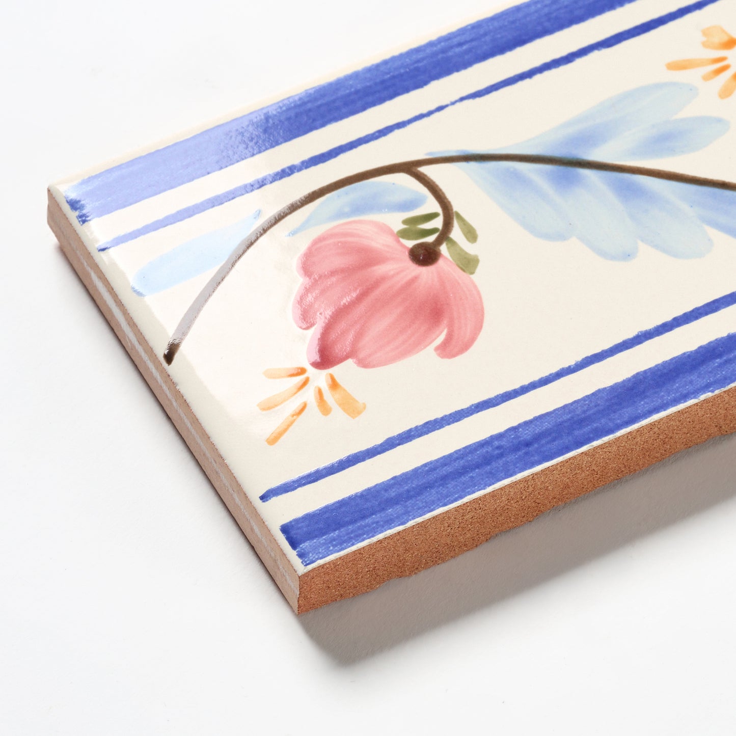 1980s Biscuit Italian Made Blue Stripe Floral Border Wall Tile