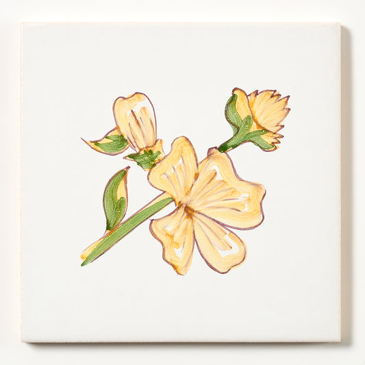 1980s White Hand Painted Portuguese Squash Flower Wall Tile