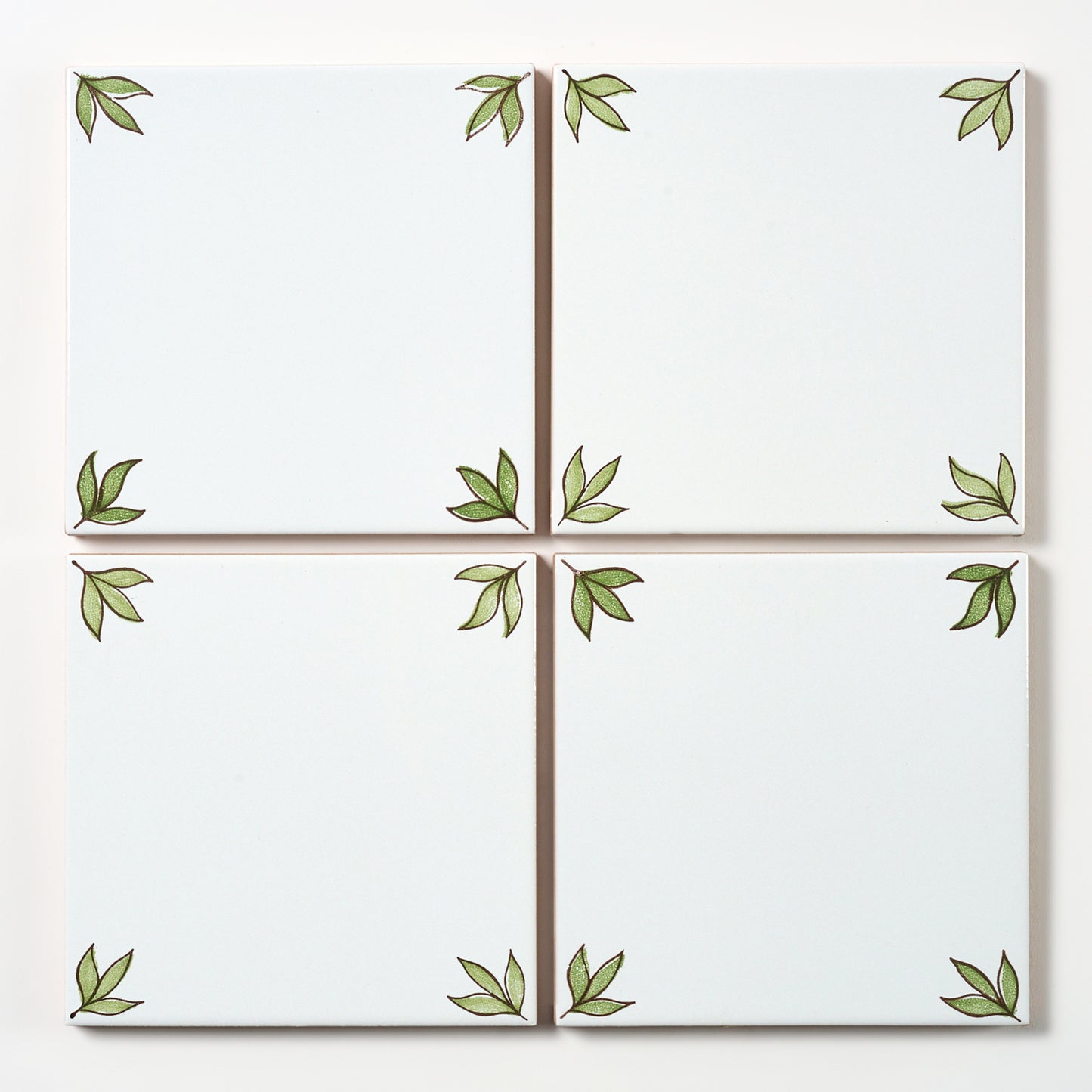 1980s White Hand Painted Italian Made Leaf Corners Wall Tile