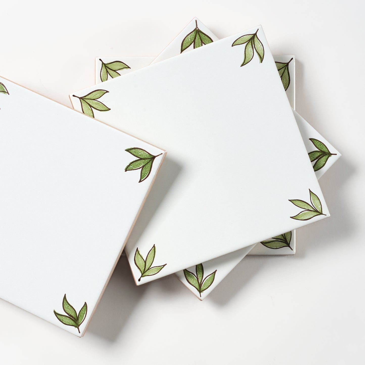 1980s White Hand Painted Italian Made Leaf Corners Wall Tile