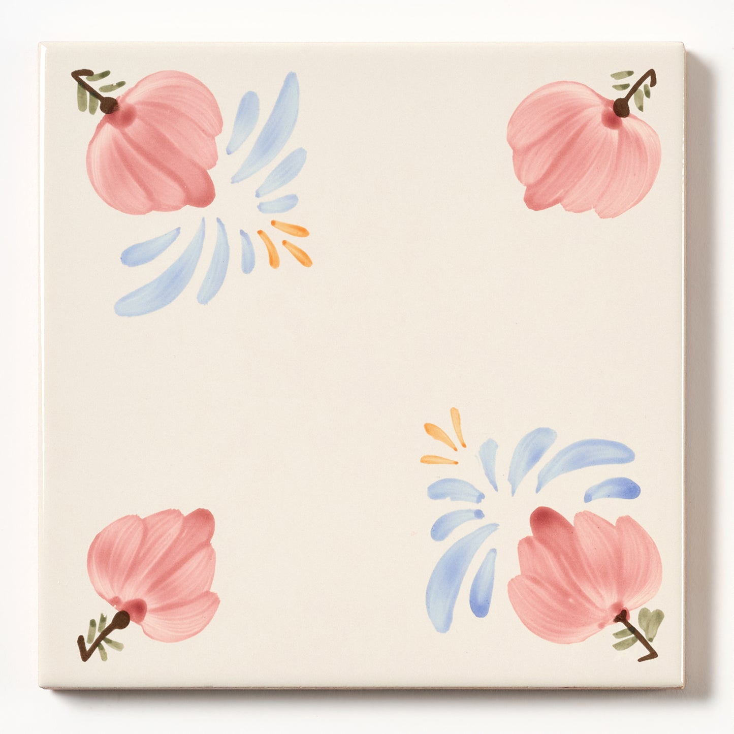 1980s Biscuit Hand Painted Italian Made Floral Corners Wall Tile