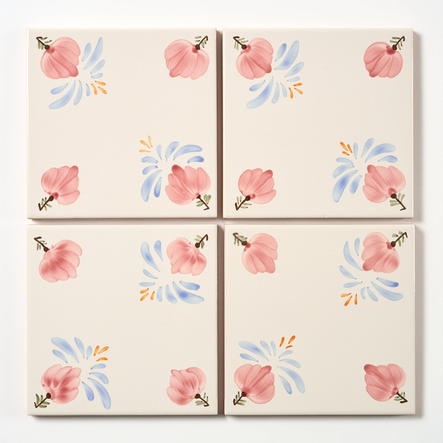 1980s Biscuit Hand Painted Italian Made Floral Corners Wall Tile