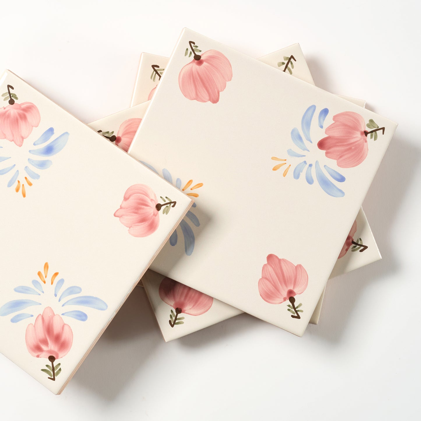 1980s Biscuit Hand Painted Italian Made Floral Corners Wall Tile