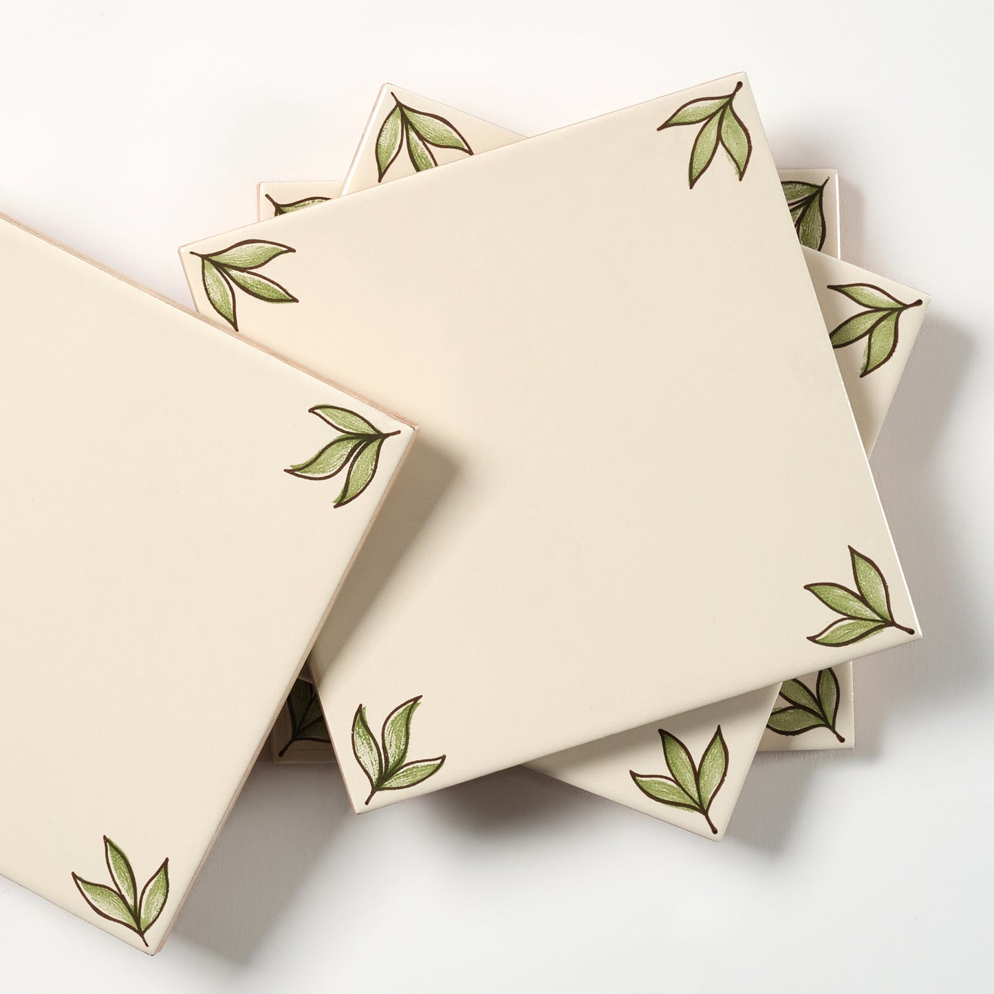 1980s Biscuit Hand Painted Italian Made Leaf Corners Wall Tile