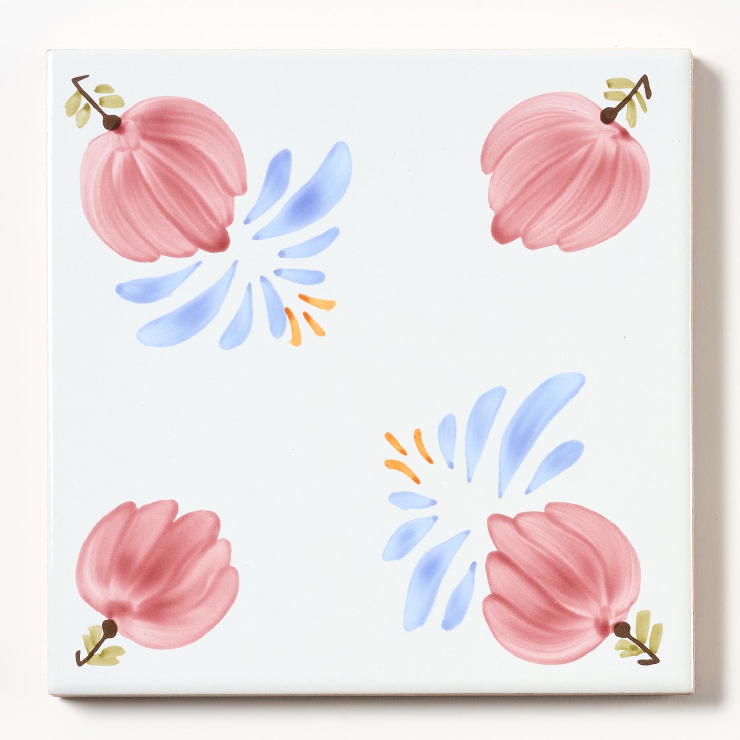 1980s White Hand Painted Italian Made Floral Corners Wall Tile