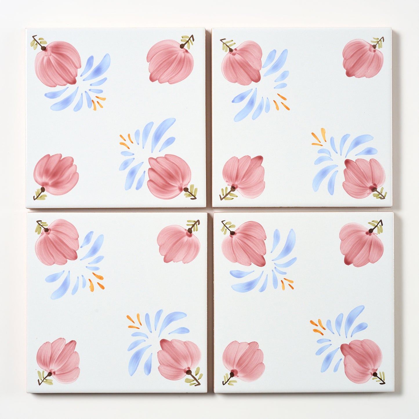 1980s White Hand Painted Italian Made Floral Corners Wall Tile