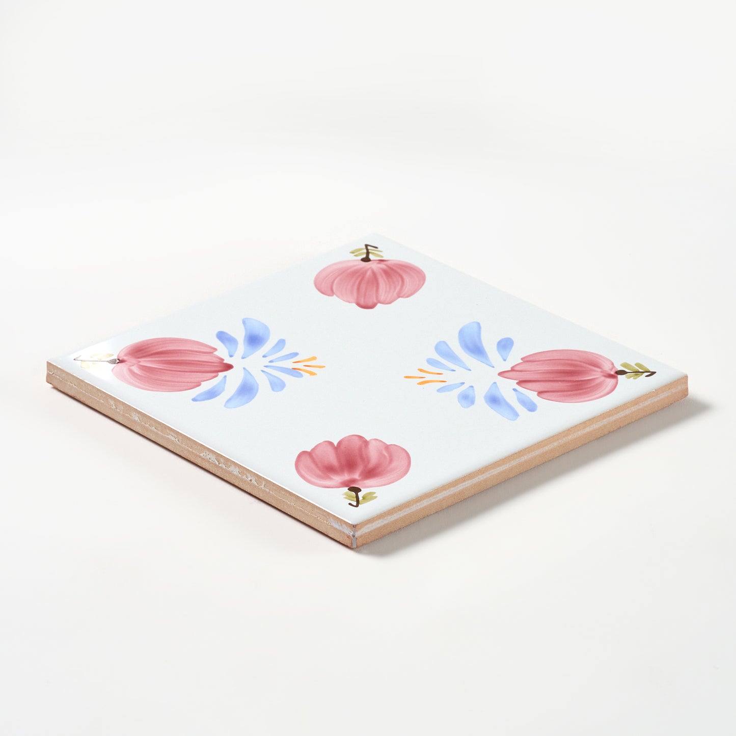 1980s White Hand Painted Italian Made Floral Corners Wall Tile