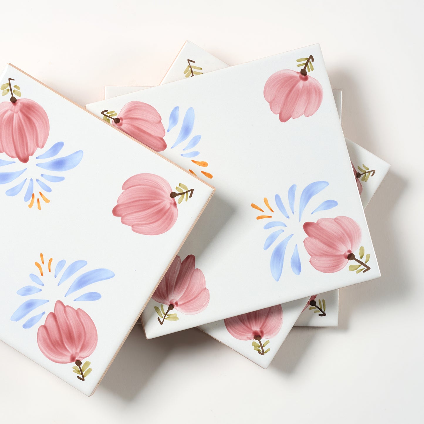 1980s White Hand Painted Italian Made Floral Corners Wall Tile