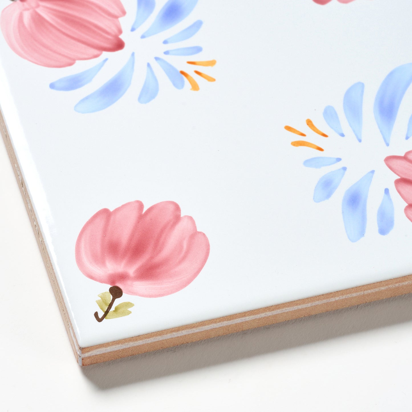 1980s White Hand Painted Italian Made Floral Corners Wall Tile