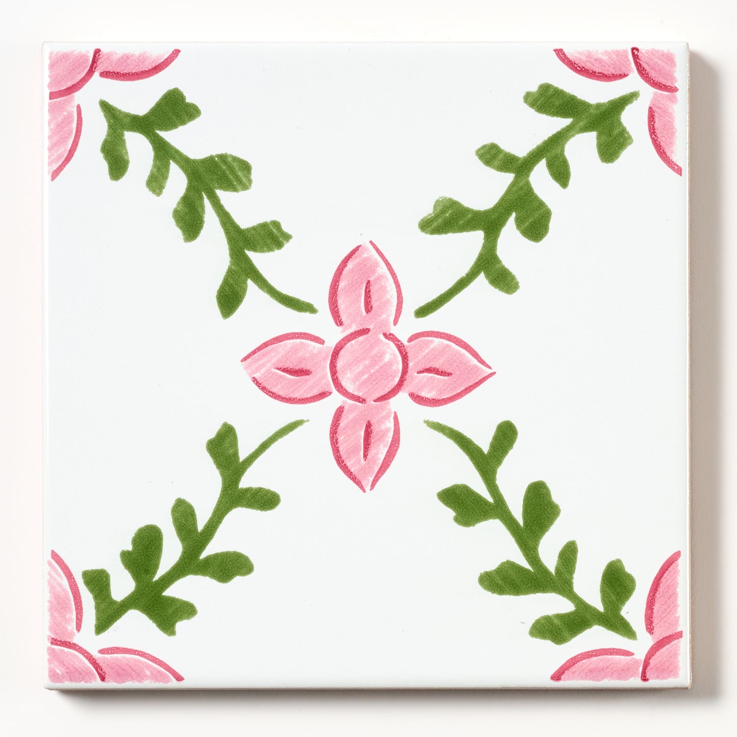 1980s White Hand Painted Italian Made Vine and Flower Wall Tile