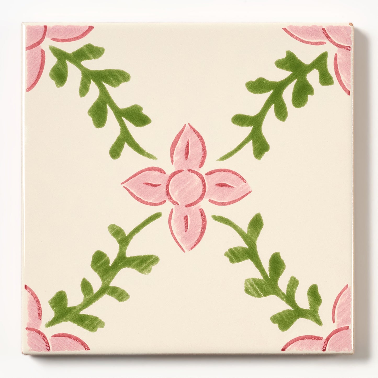1980s Biscuit Hand Painted Italian Made Vine and Flower Wall Tile