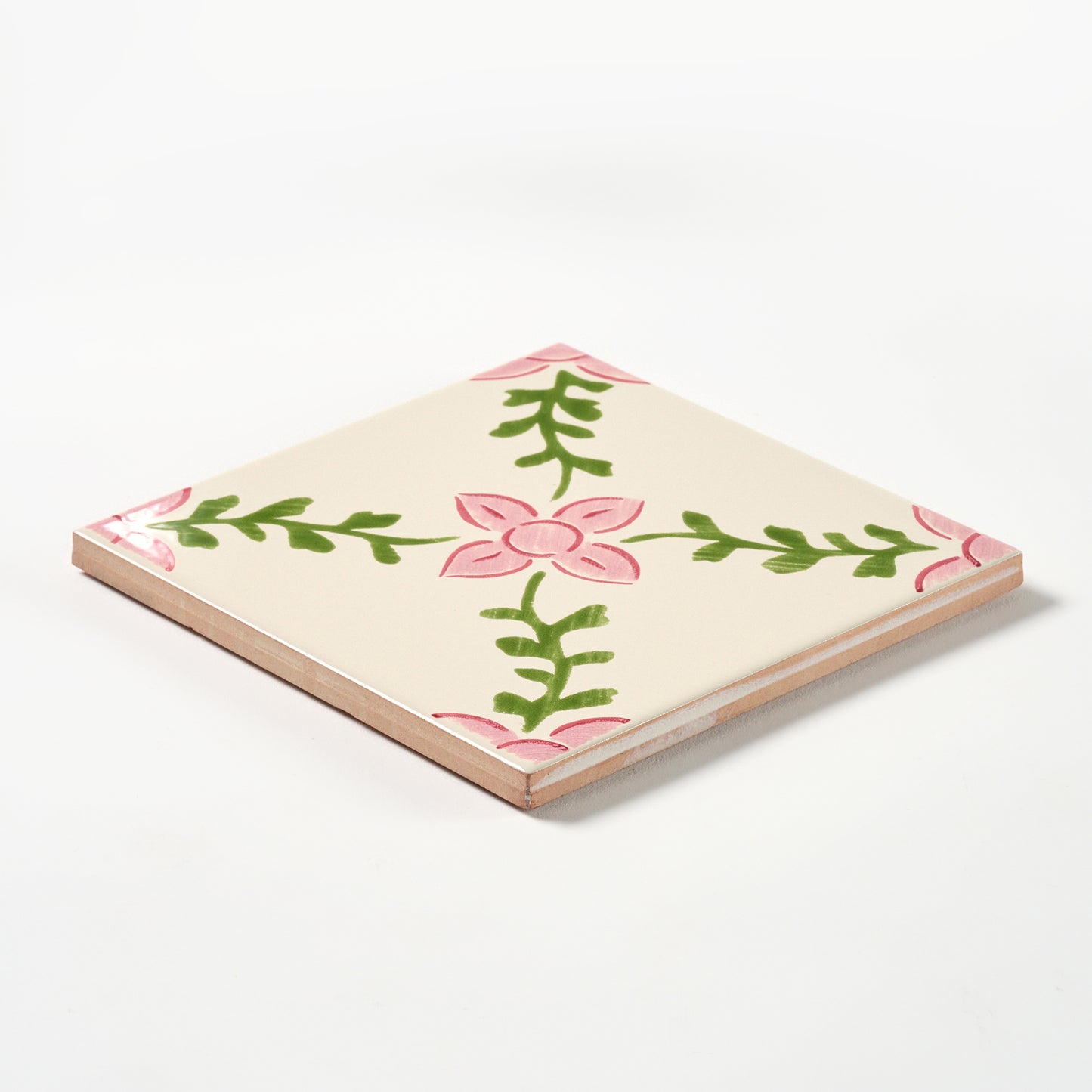 1980s Biscuit Hand Painted Italian Made Vine and Flower Wall Tile