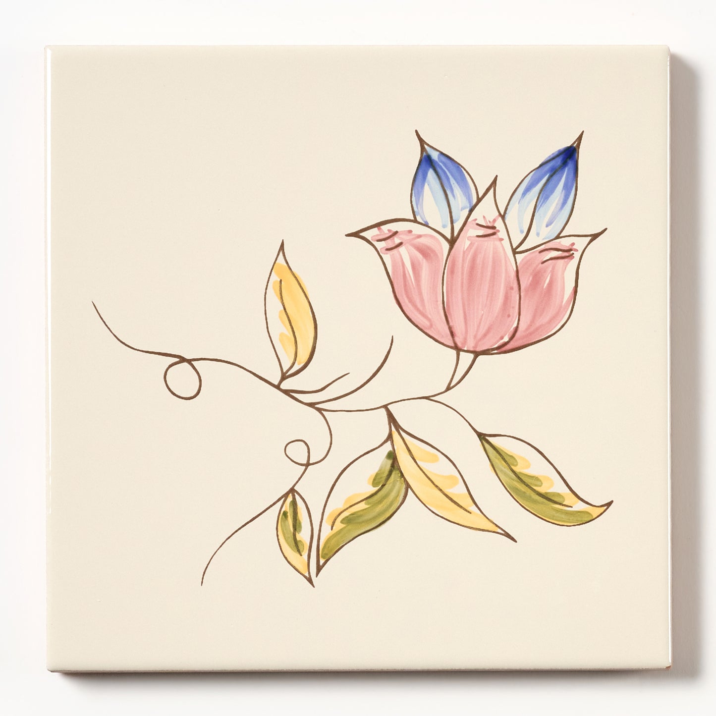 1980s Biscuit Hand Painted Italian Made Single Flower Wall Tile
