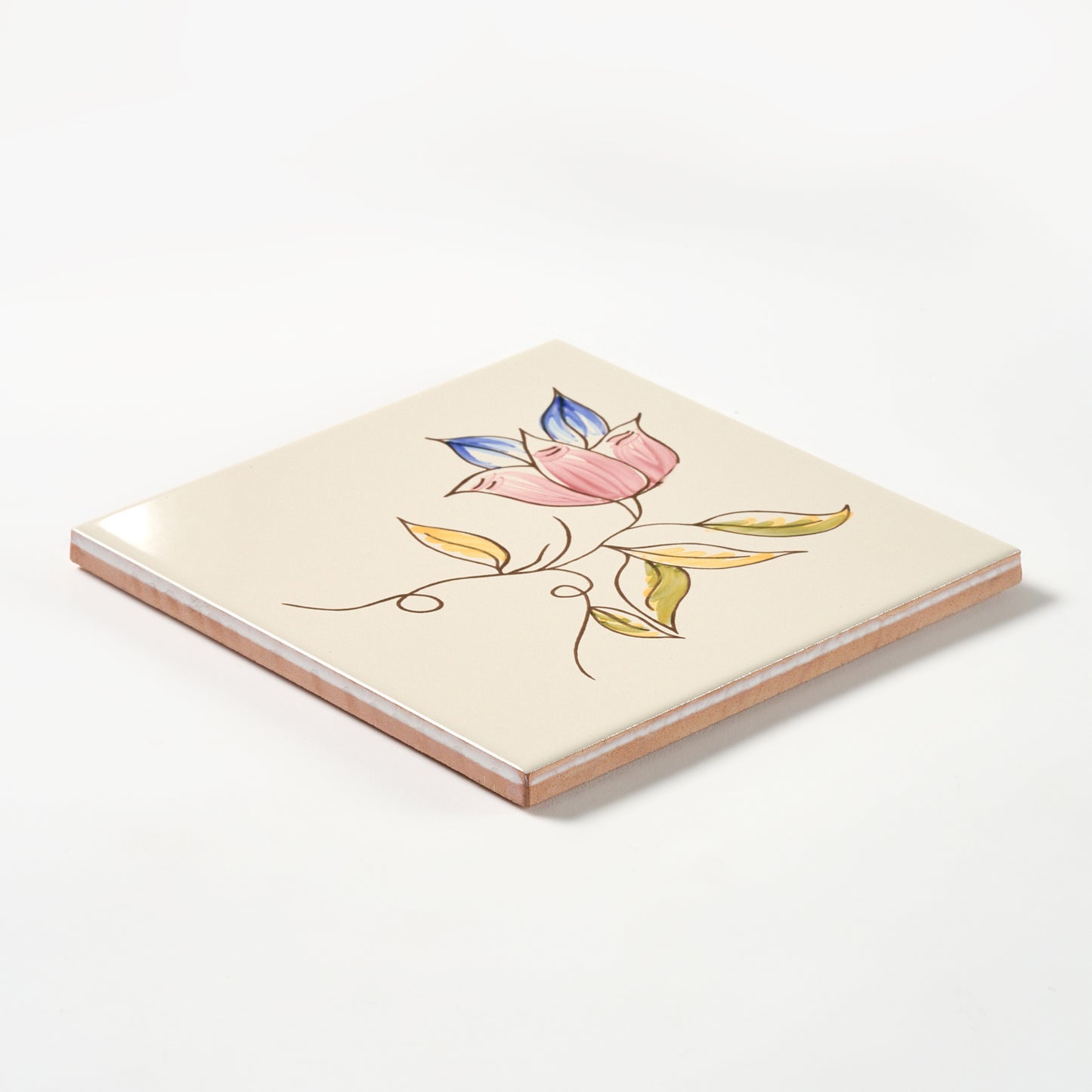 1980s Biscuit Hand Painted Italian Made Single Flower Wall Tile