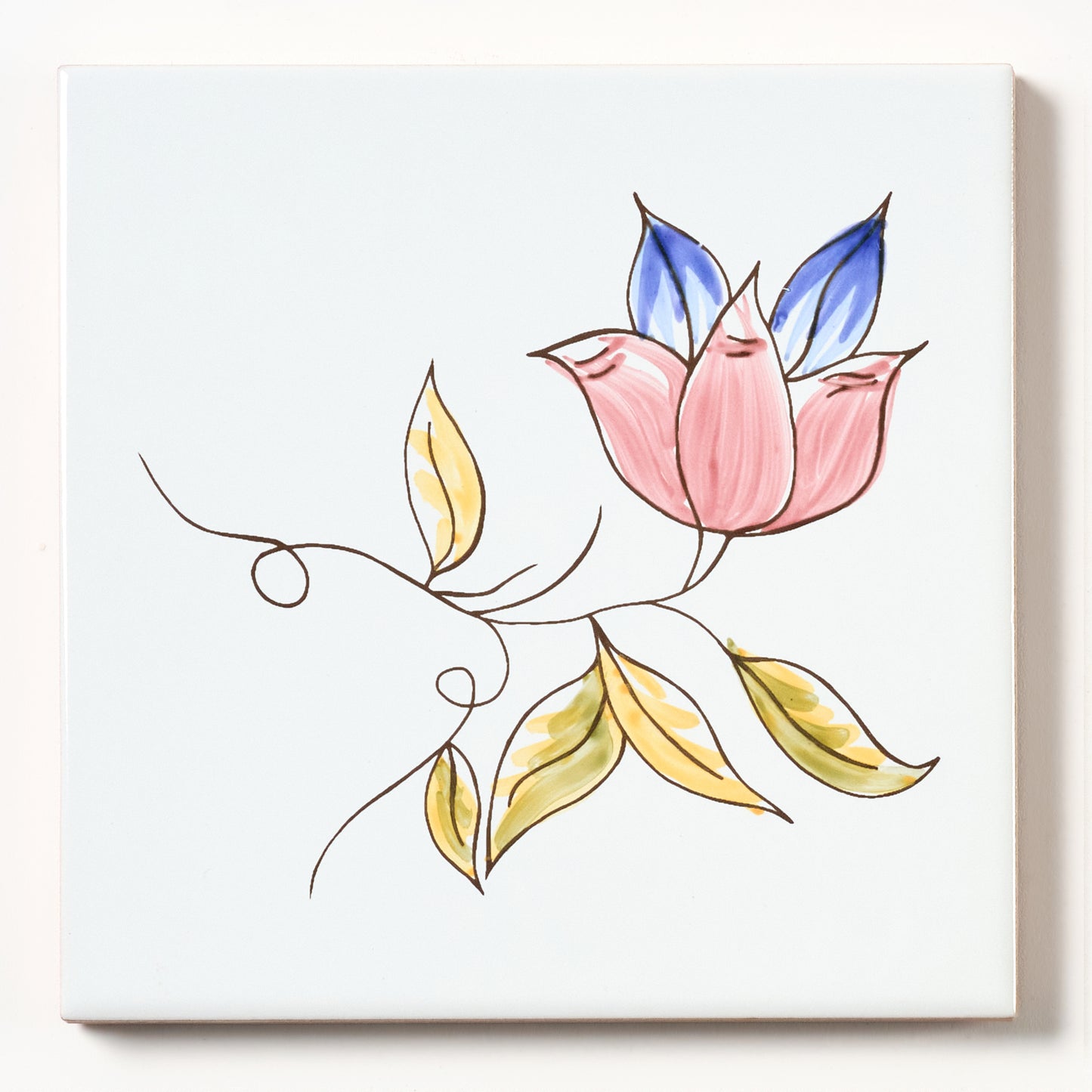 1980s White Hand Painted Italian Made Single Flower Wall Tile
