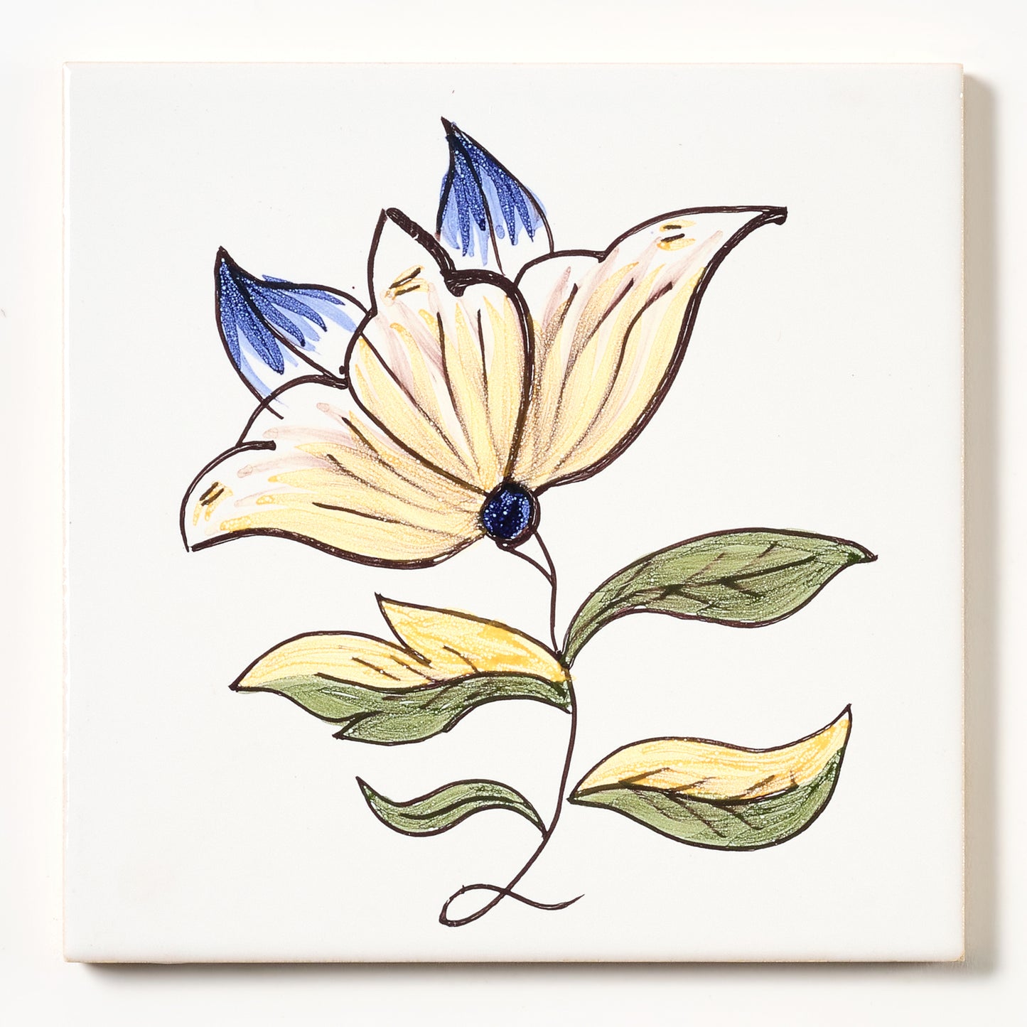 1980s White Hand Painted Portuguese Single Flower Wall Tile