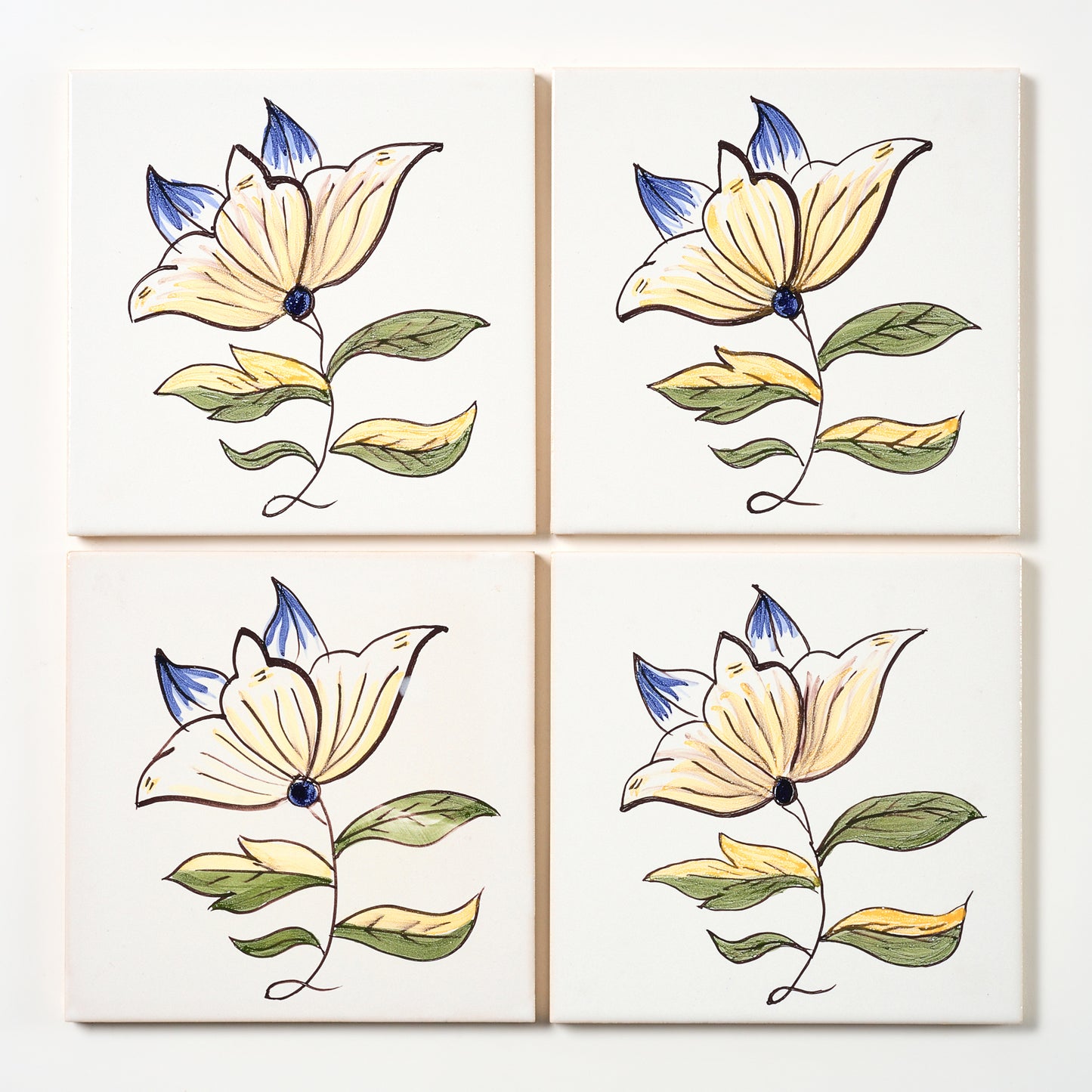 1980s White Hand Painted Portuguese Single Flower Wall Tile