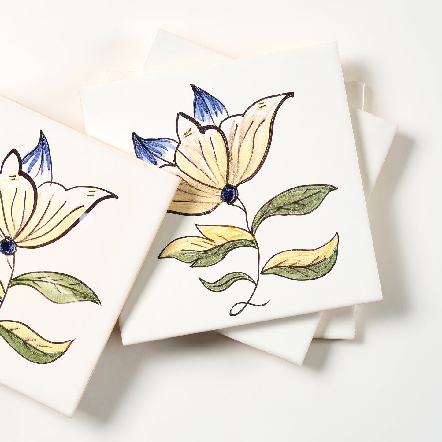 1980s White Hand Painted Portuguese Single Flower Wall Tile