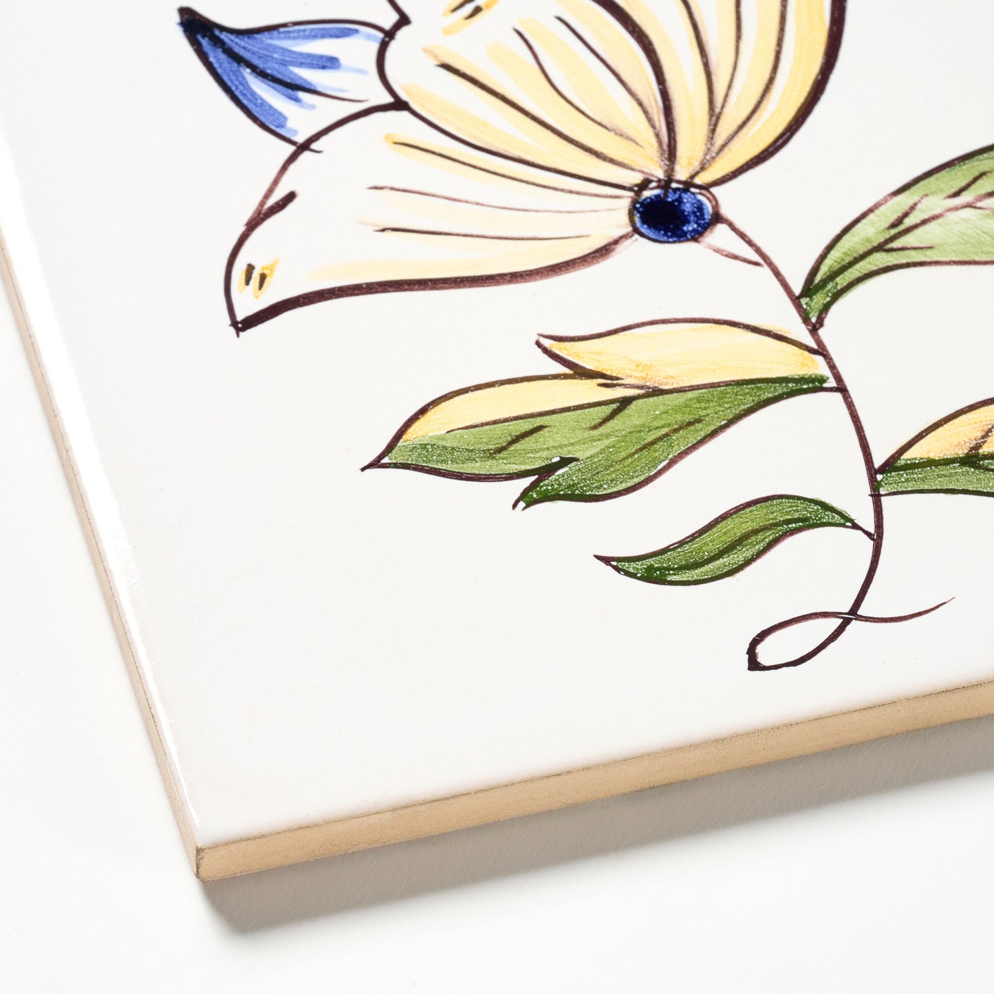 1980s White Hand Painted Portuguese Single Flower Wall Tile