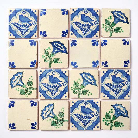 Vintage 1980s Hand Painted Blue Mix Mexican Tiles, 2 Sq Ft Lot - 17 Piece Set