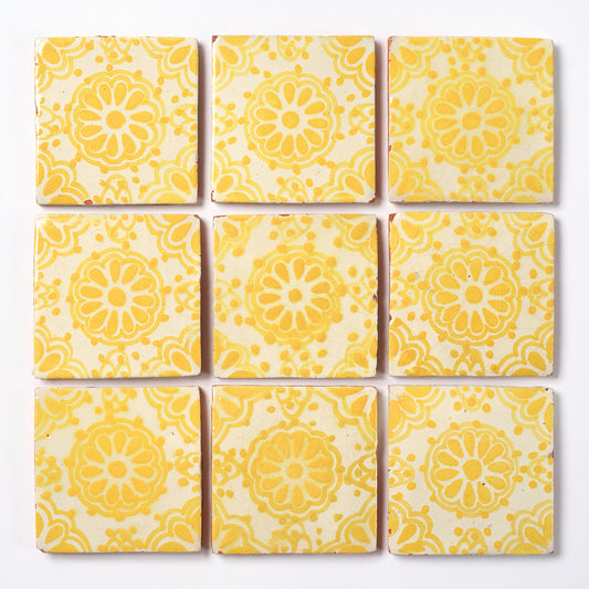 Vintage 1980s Hand Painted Yellow Mexican Tiles, 1.5 Sq Ft Lot - 11 Piece Set