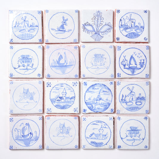 Vintage 1980s Hand Painted "Delft" Mexican Tiles, 4 Sq Ft Lot - 32 Piece Set