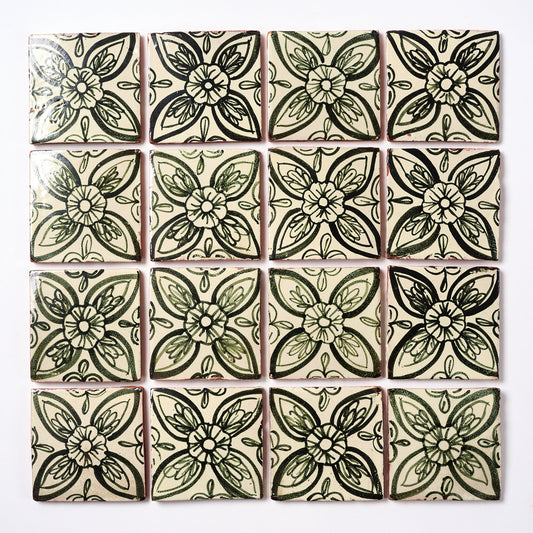 Vintage 1980s Hand Painted Black Floral Mexican Tiles, 3 Sq Ft Lot - 24 Piece Set