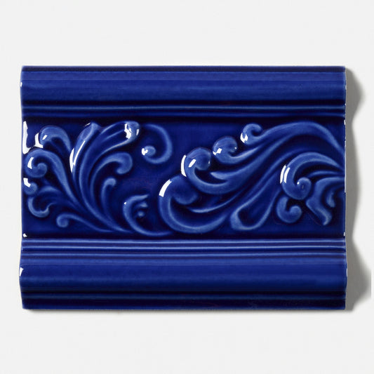 1980s Vintage Italian Raised Blue Scroll Border Tile