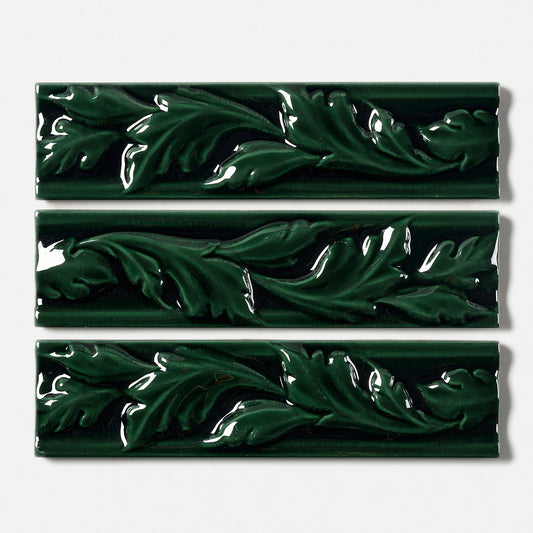 1980s Vintage Italian Raised Emerald Green Leaf Border Tile