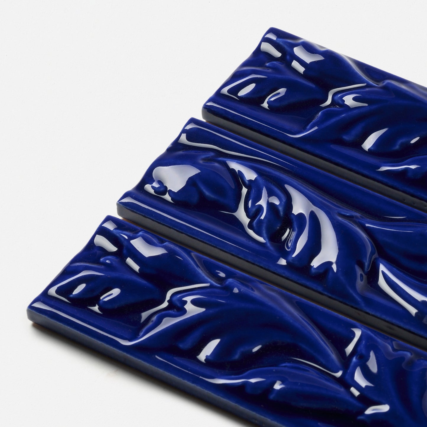 1980s Vintage Italian Raised Blue Leaf Border Tile