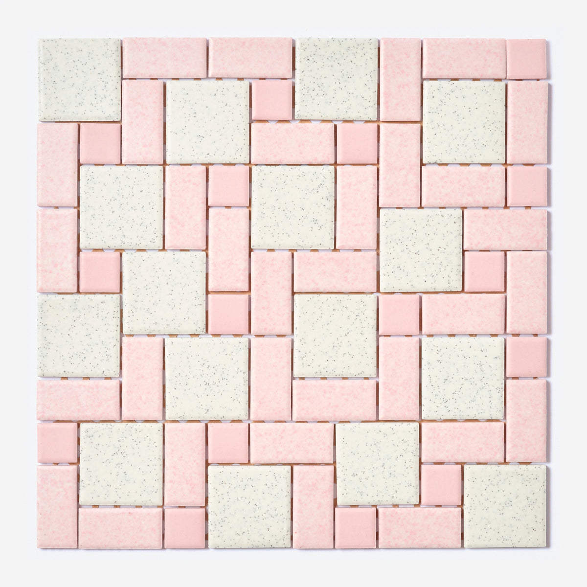 A square mosaic tile sheet featuring a woven basketweave pattern of light pink rectangular tiles and speckled off-white square tiles, shown against a plain white background.