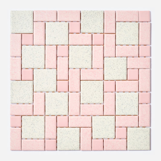 A square mosaic tile sheet featuring a woven basketweave pattern of light pink rectangular tiles and speckled off-white square tiles, shown against a plain white background.