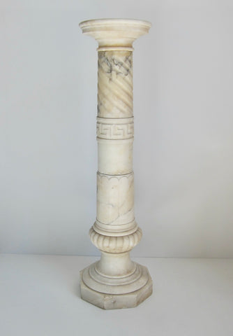 Large Early 20th Century Marble Column Pedestal With Greek Key Pattern