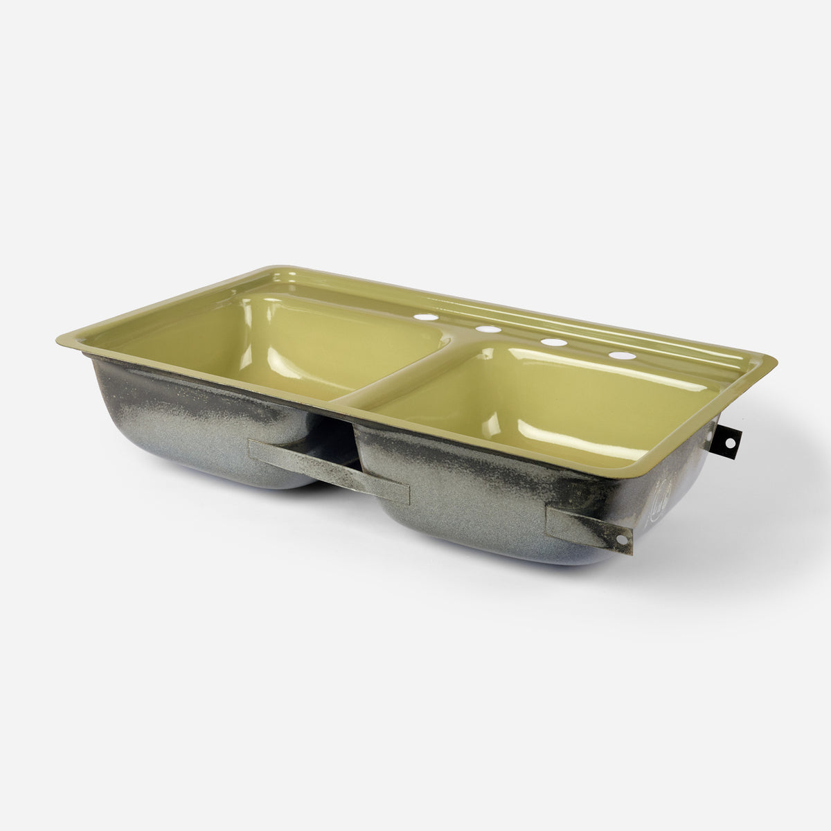 1970s Vintage Metal Active Tool & Manufacturing Avocado 8" Centers Double Sink