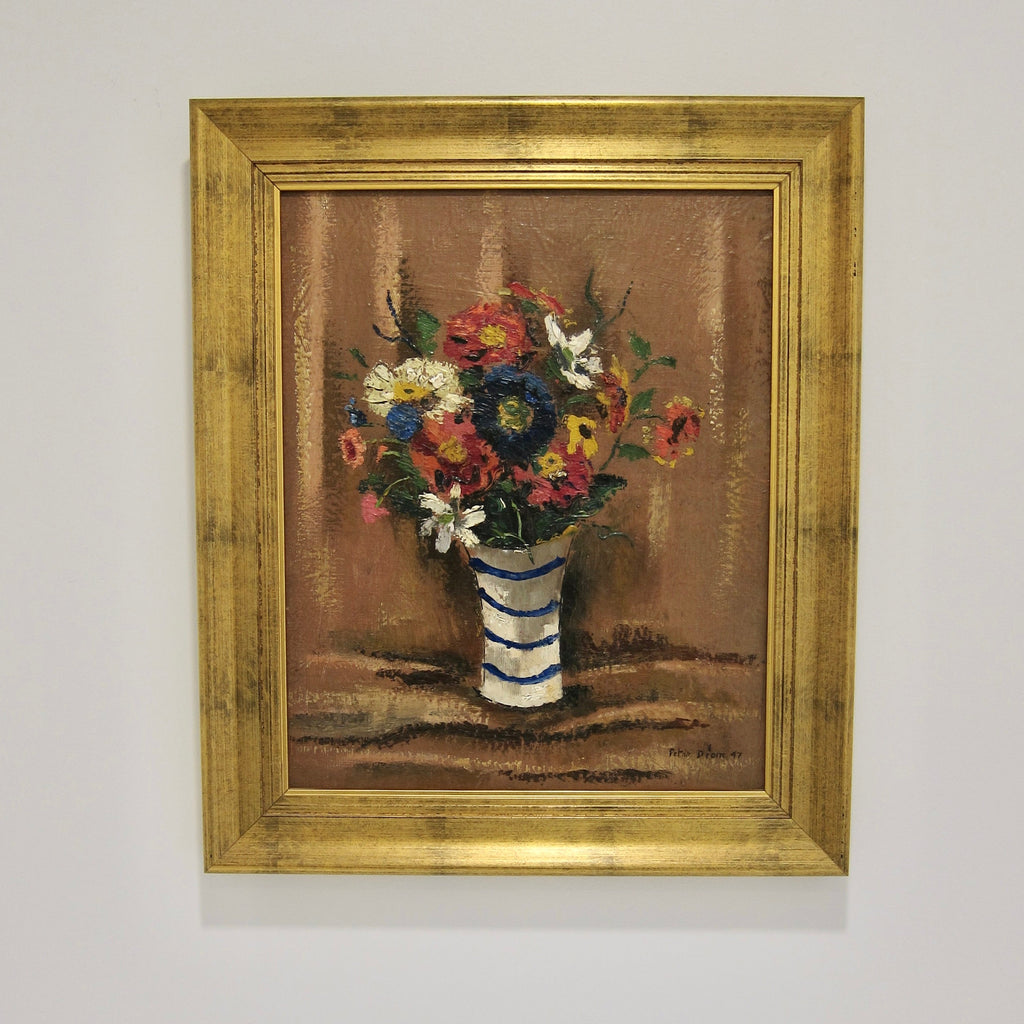 20th Century Oil Painting Still Life of a Floral Arrangement Blue Stripped Vase, Framed